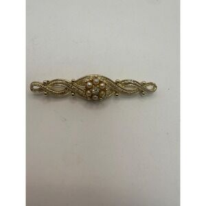 Emmons Gold Tone Bar Brooch Faux Pearl Rhinestone Center Swirl Vintage Pin